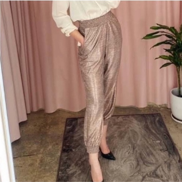 Athropologie Rose Gold Metallic Shimmer Harem Jogger 3X Pull On Pants Pockets - Picture 1 of 8